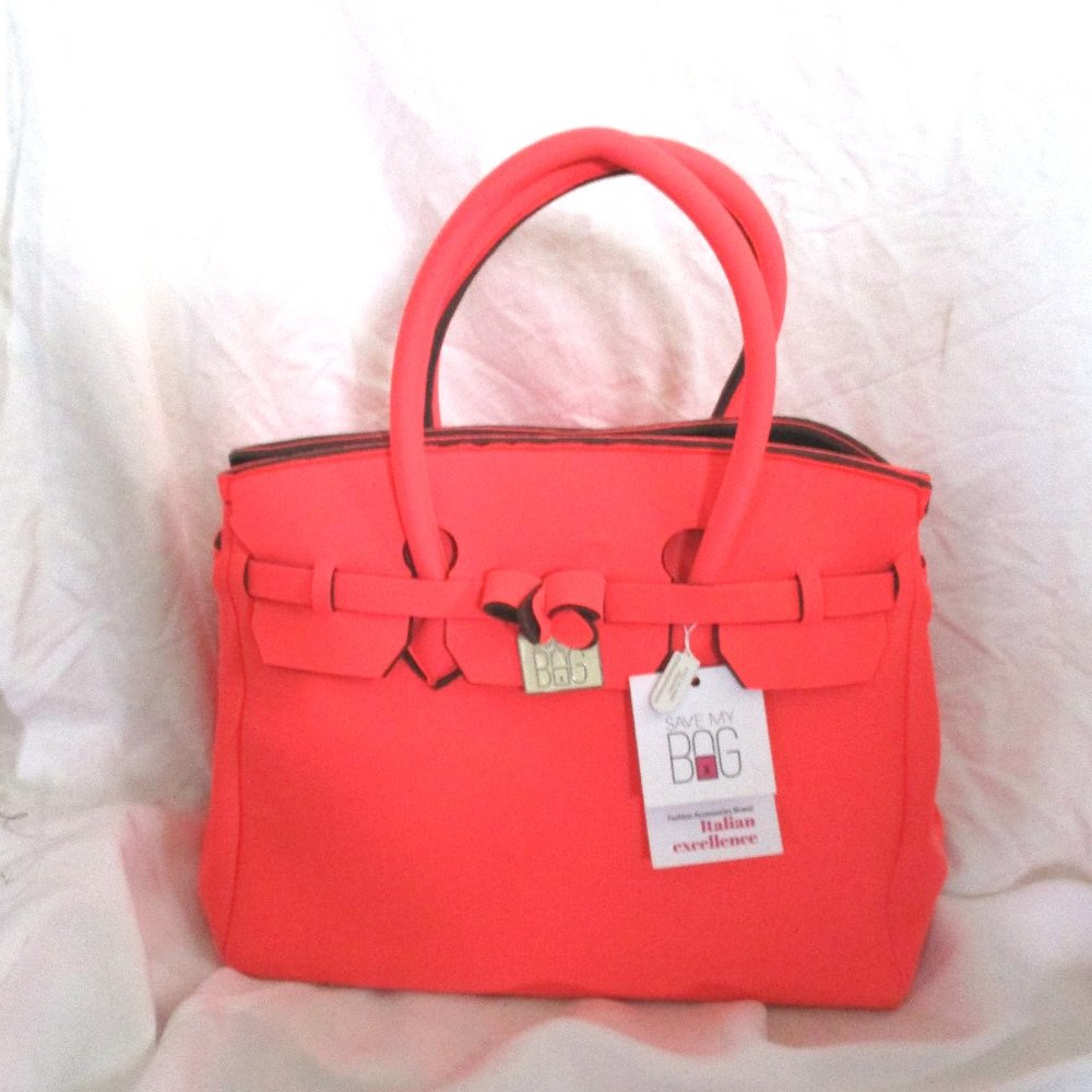 NWT NEW SAVE MY BAG ITALY CORAL PINK ORANGE Tote Bag Purse NEON